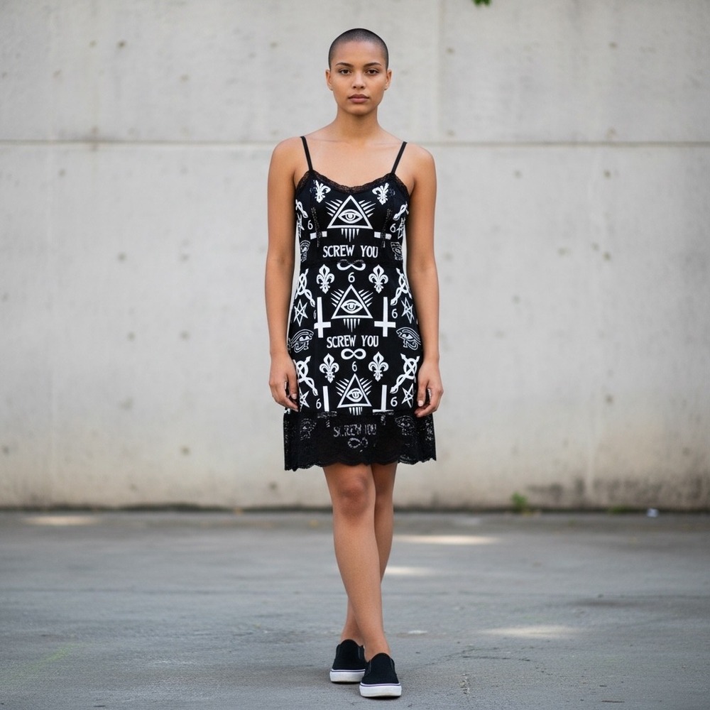 Rat Baby Womens Black Occult Graphic Lace Trim Slip Mini Dress Small